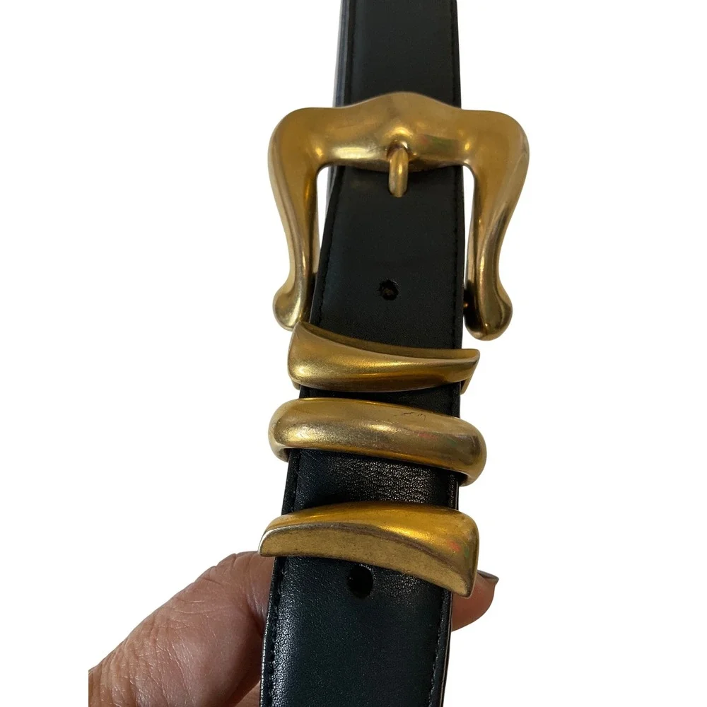 Vintage Brighton Black Leather Belt Brass Buckle Sculptural Gold Toned Statement